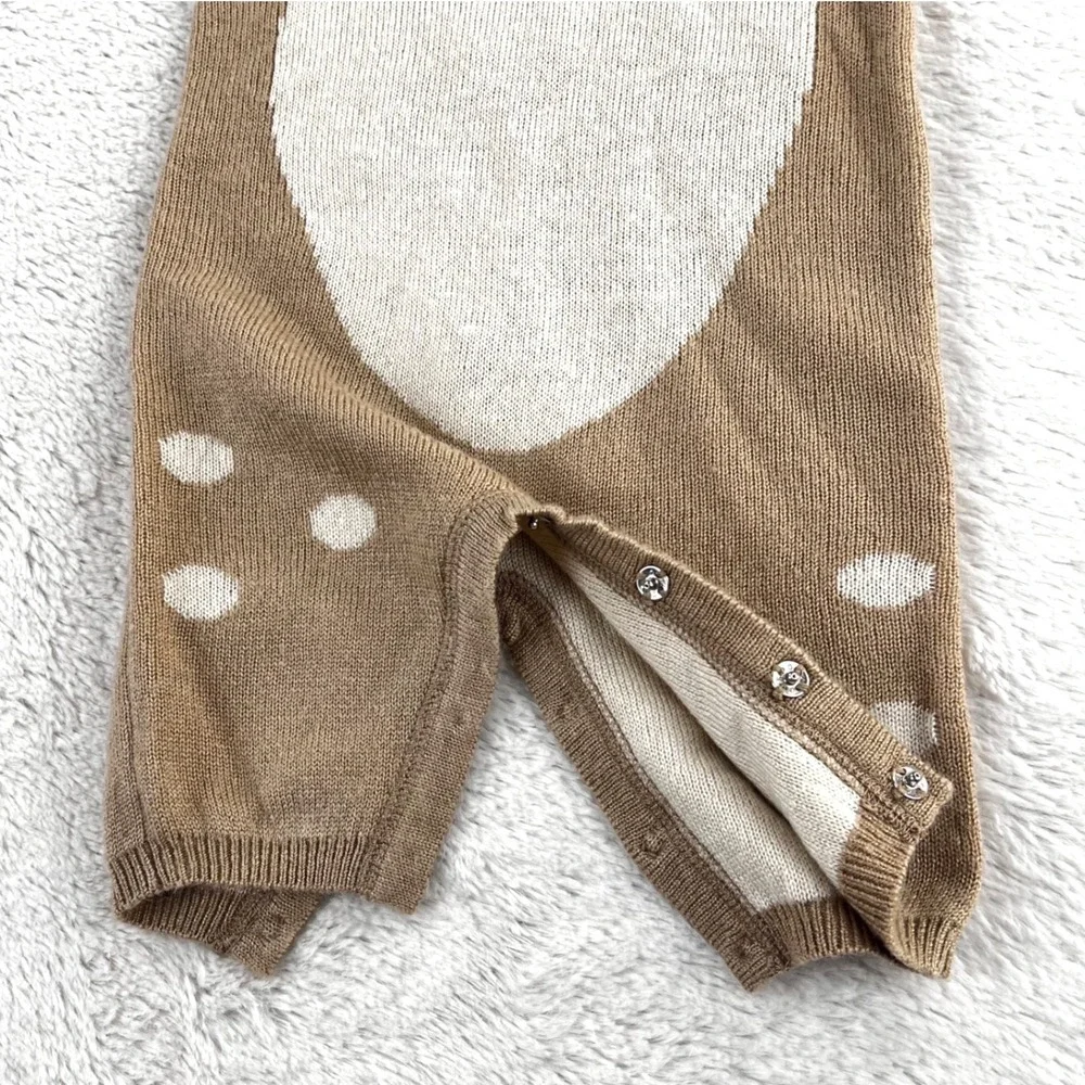 Pottery Barn‎ Kids Infant 0-3m Baby Deer Knit Romper Jumpsuit Brown White Spots